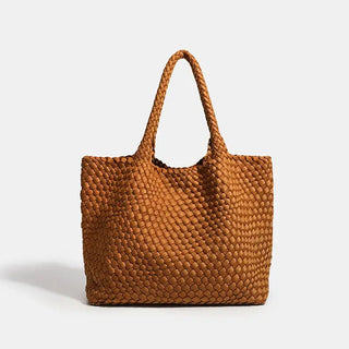 Woven shoulder bag in brown with stylish striped design and durable handles for everyday use.