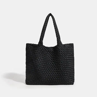 Woven black shoulder bag with flat pocket, lightweight neoprene, stylish design for everyday use.