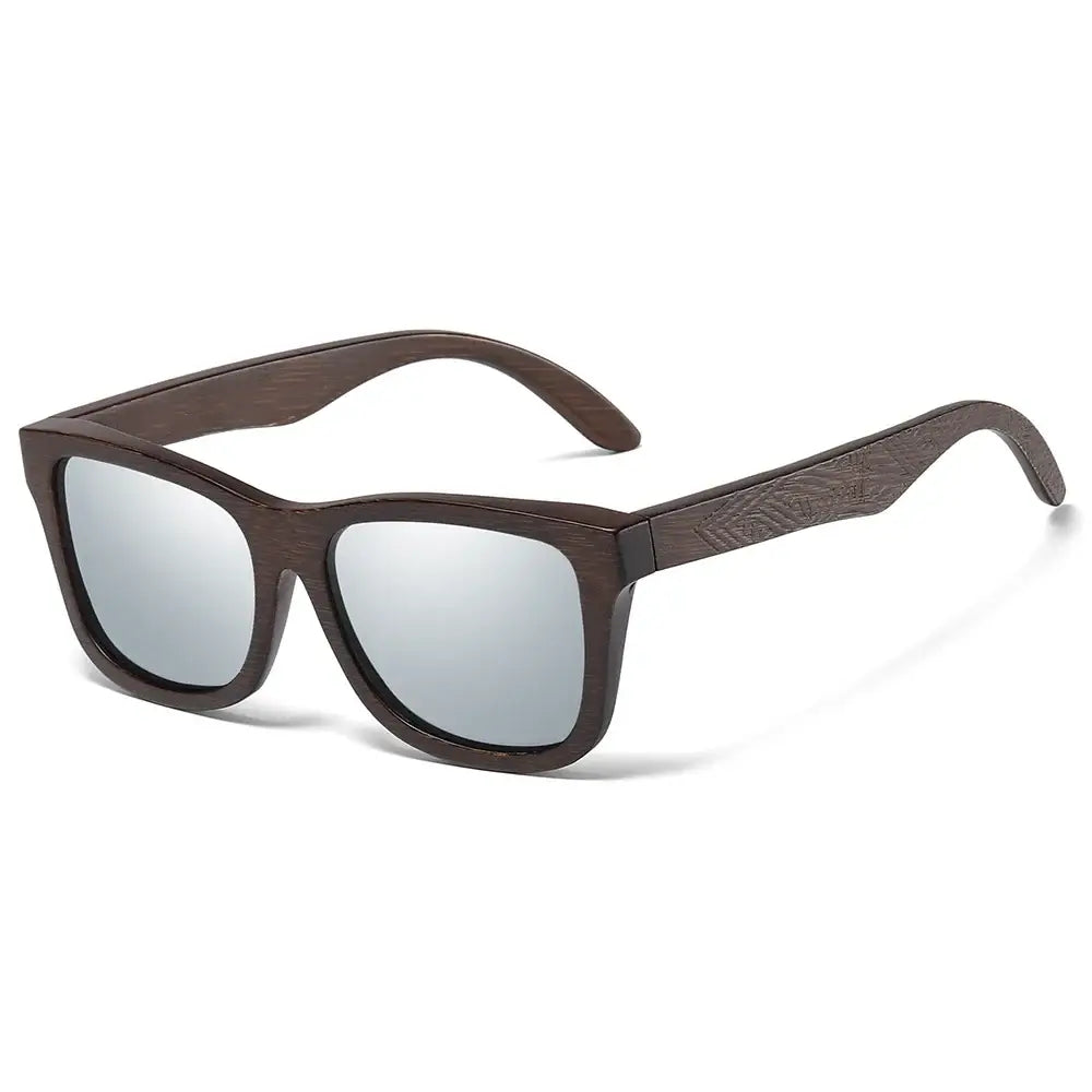 Sunglasses Bamboo Wood Polarized with dark brown wooden frame and mirrored lenses, perfect for outdoor use.