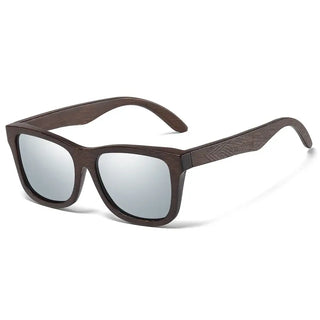 Sunglasses Bamboo Wood Polarized with dark brown wooden frame and mirrored lenses, perfect for outdoor use.