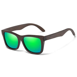 Sunglasses Bamboo Wood Polarized with green reflective lenses, perfect for outdoor activities.