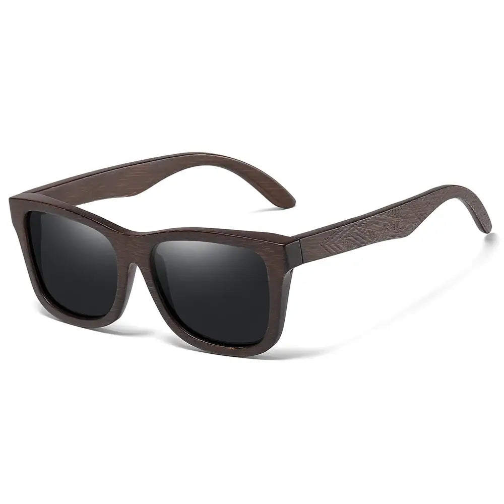 Sunglasses Bamboo Wood Polarized with black lenses and stylish design for outdoor wear.