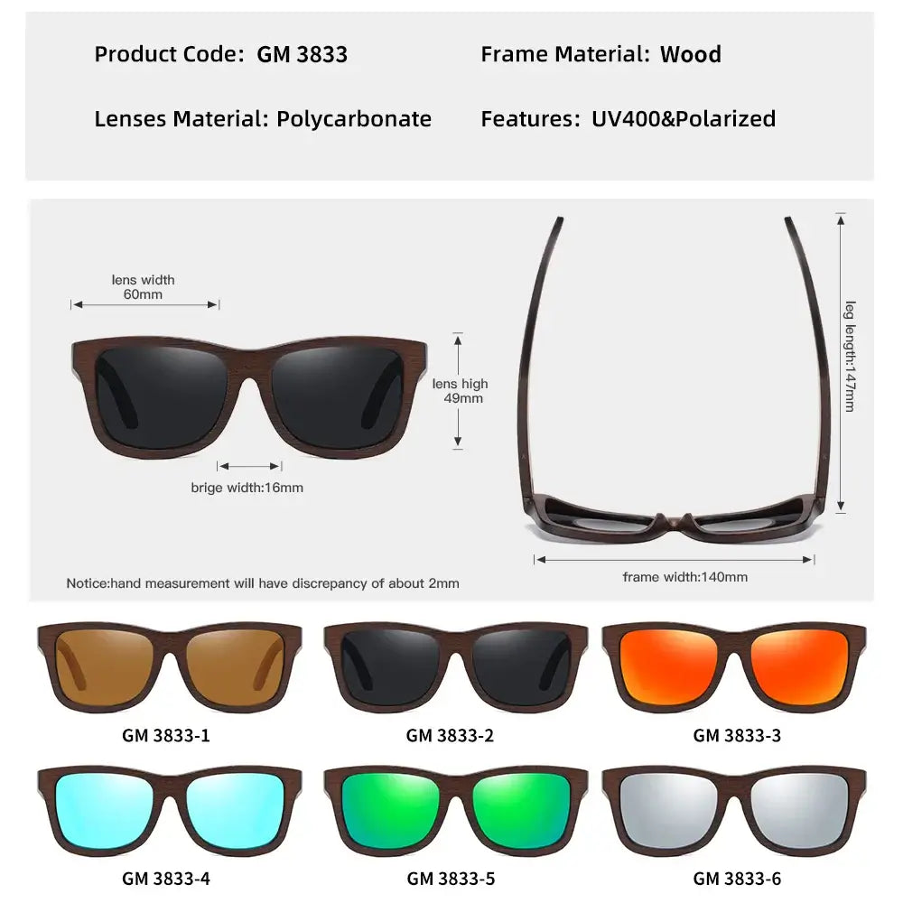 Sunglasses Bamboo with polarized lenses, featuring wood frame, UV400 protection, available in multiple colors.
