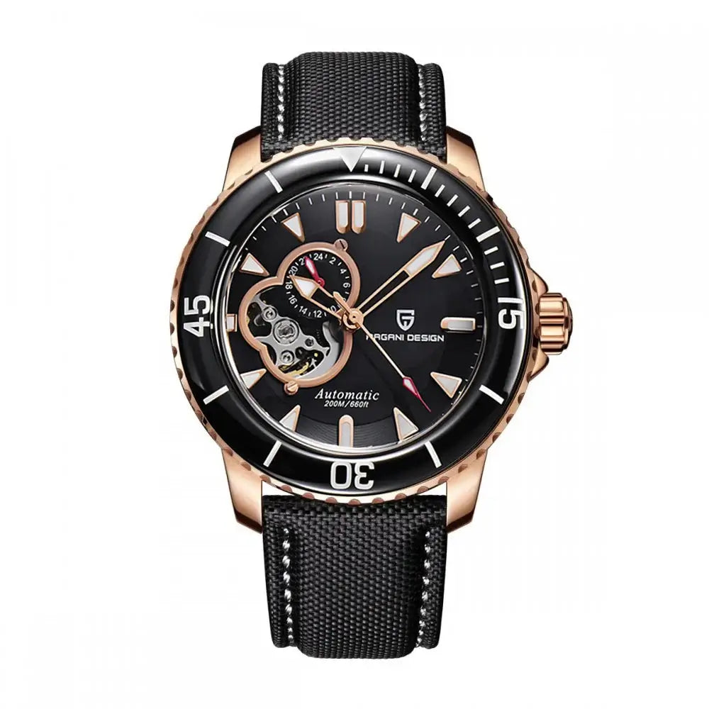 Mens Wristwatch with black dial, nylon strap, and automatic movement, perfect for stylish and active use.