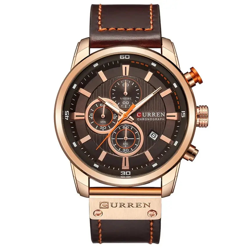 Luxury Chronograph Mens Watch featuring a brown leather band and stylish gold-tone accents.