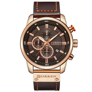 Luxury Chronograph Mens Watch featuring a brown leather band and stylish gold-tone accents.