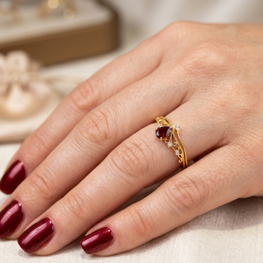 Crown Ring Set – Mozambique Red Garnet & Zirconia, 925 Silver, Gold Plated