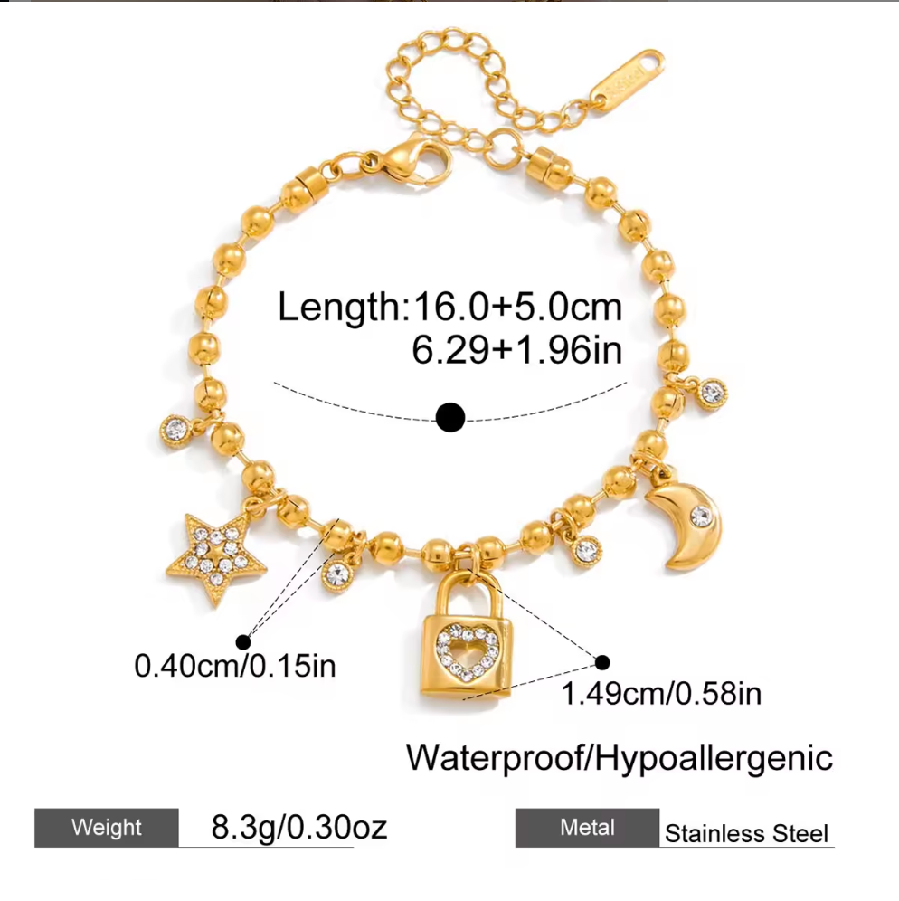 Bracelet – 18K Gold Plated Love Lock & Fleur De Lis Charm with White CZ Crystals