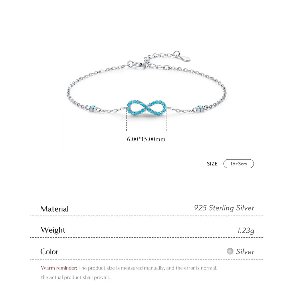 Infinite Love Bracelet 925 Sterling Silver with turquoise accents, adjustable size, waterproof, and handcrafted.