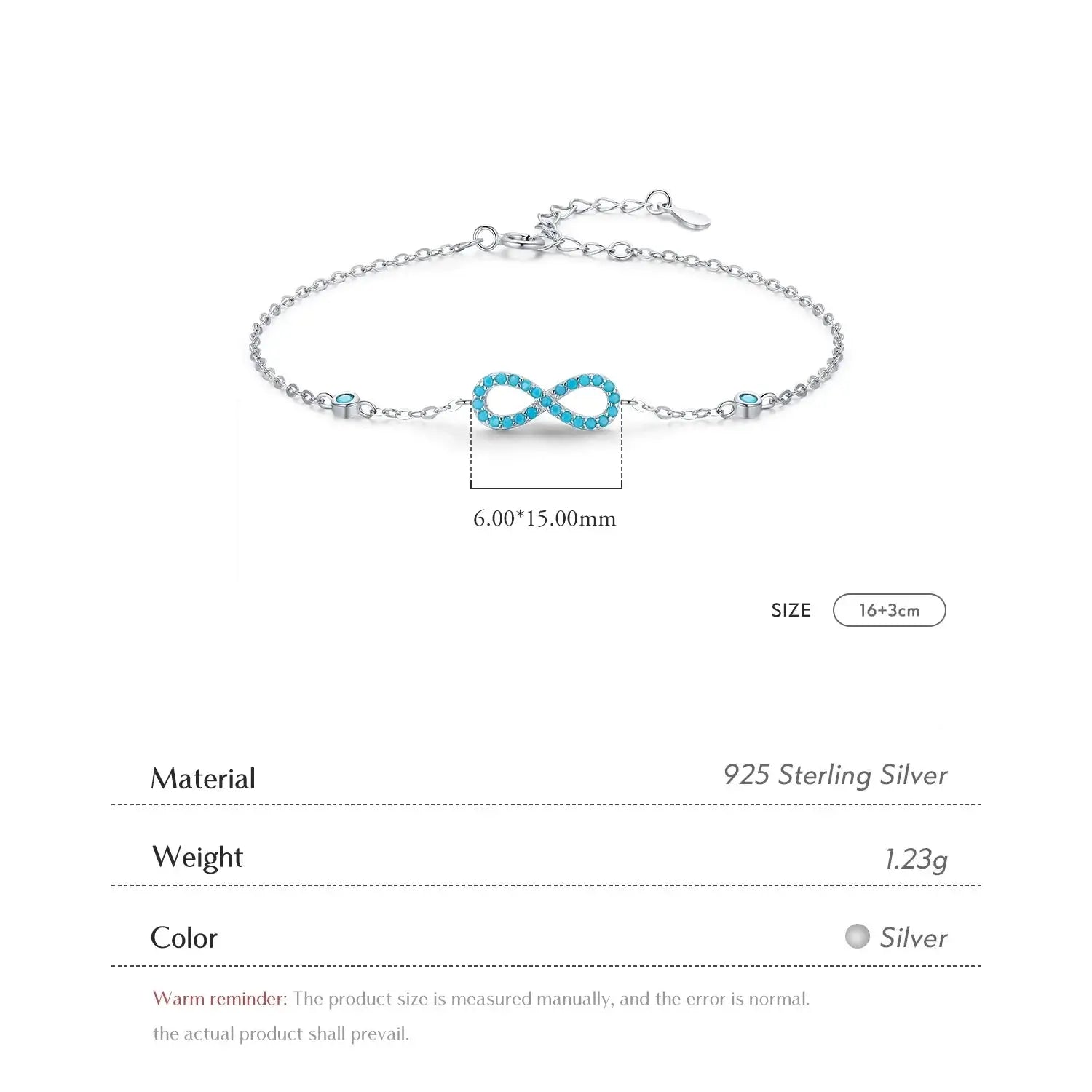 Infinite Love Bracelet 925 Sterling Silver with turquoise accents, adjustable size, waterproof, and handcrafted.