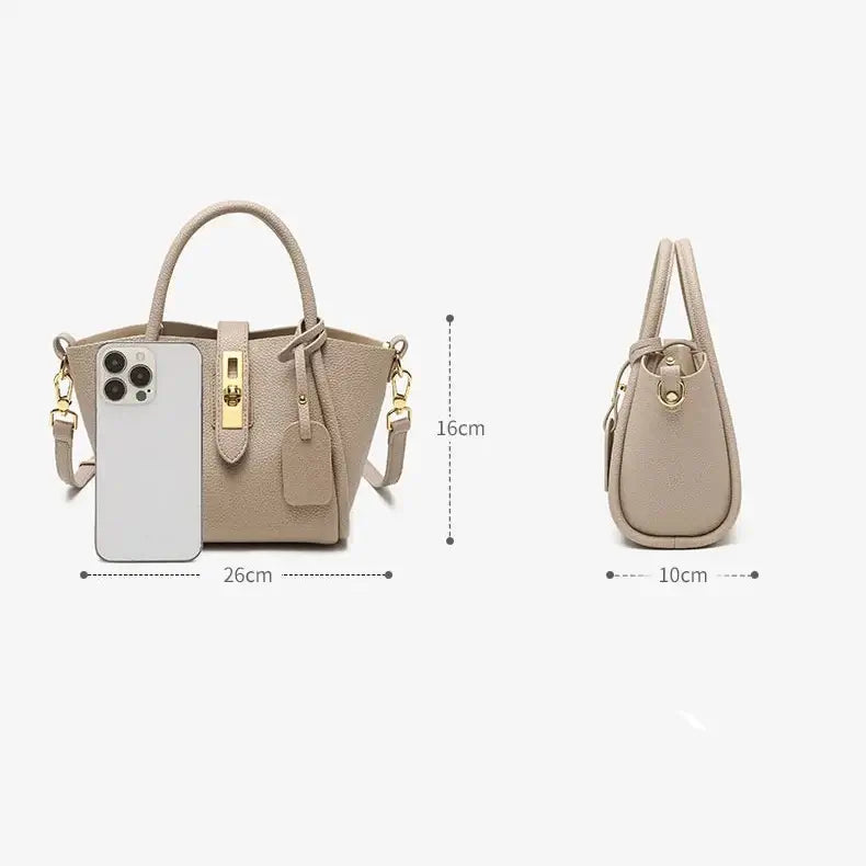 Women's Genuine Leather Bucket Bags showcasing a stylish design and dimensions with a smartphone for size reference.