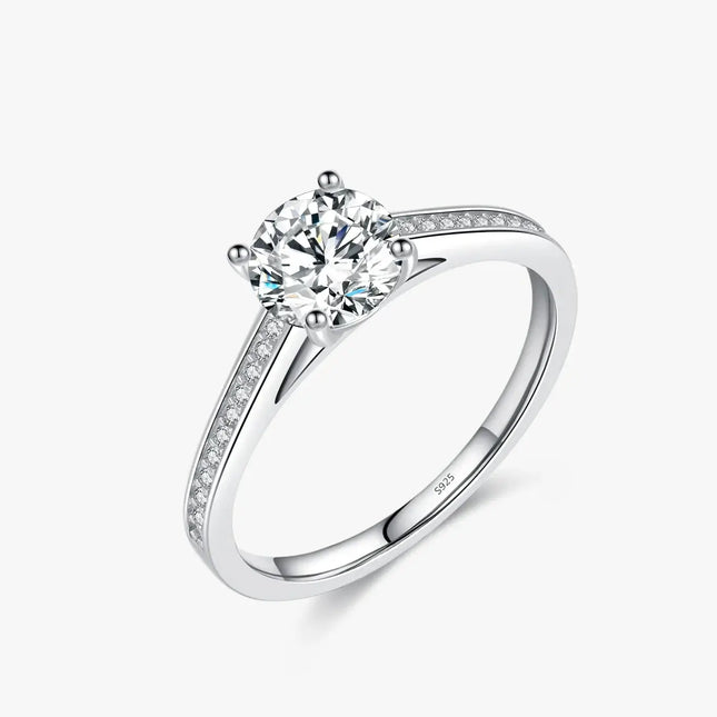 Lab Diamond 1CT Moissanite Ring featuring a round moissanite stone set in 925 sterling silver with zircon side stones.