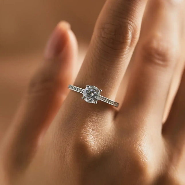 Lab Diamond 1CT Moissanite Ring on a woman's hand showcasing elegance and craftsmanship.