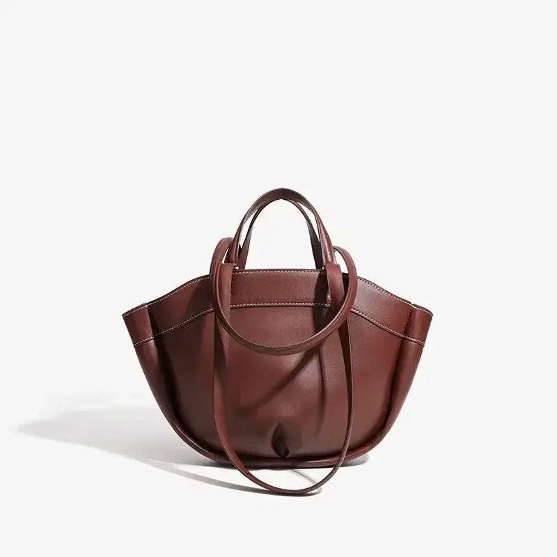 Brown large capacity tote bag made of soft microfiber synthetic leather, perfect for commuting and shopping.