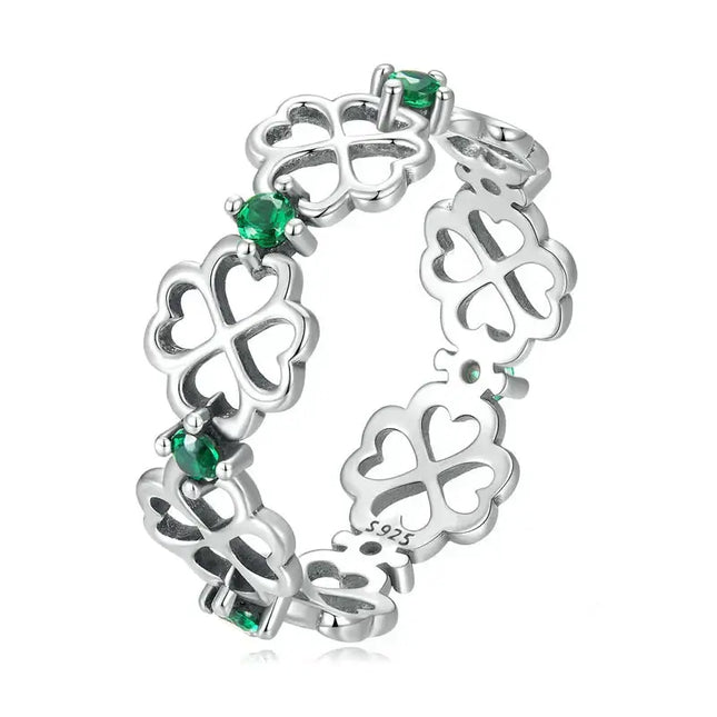Lucky Cocktail Ring 925 Sterling Silver Zircon with green accents and clover design