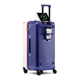 Durable blue and white luggage suitcase with USB charging and 360° spinner wheels for smooth travel.