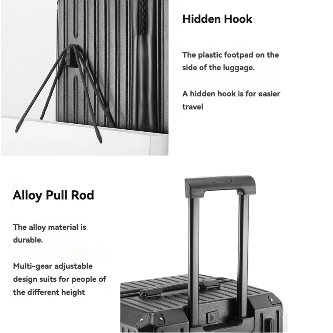 Features of luggage suitcase: hidden hook for easier travel and durable alloy pull rod for adjustable height.