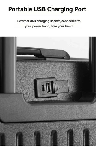 Portable USB charging port on black luggage suitcase for convenient charging while traveling.