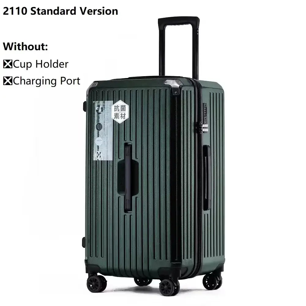 Durable green PC luggage suitcase without cup holder or charging port, featuring 360° spinner wheels and telescopic handle.