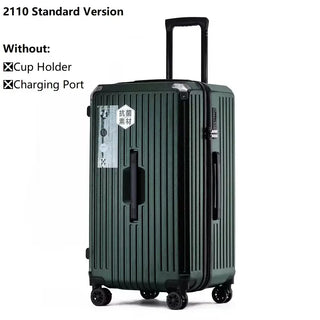 Durable green PC luggage suitcase without cup holder or charging port, featuring 360° spinner wheels and telescopic handle.