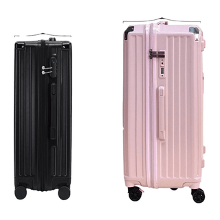 Durable PC hard-shell luggage suitcase in black and pink, featuring 360° spinner wheels for easy travel.