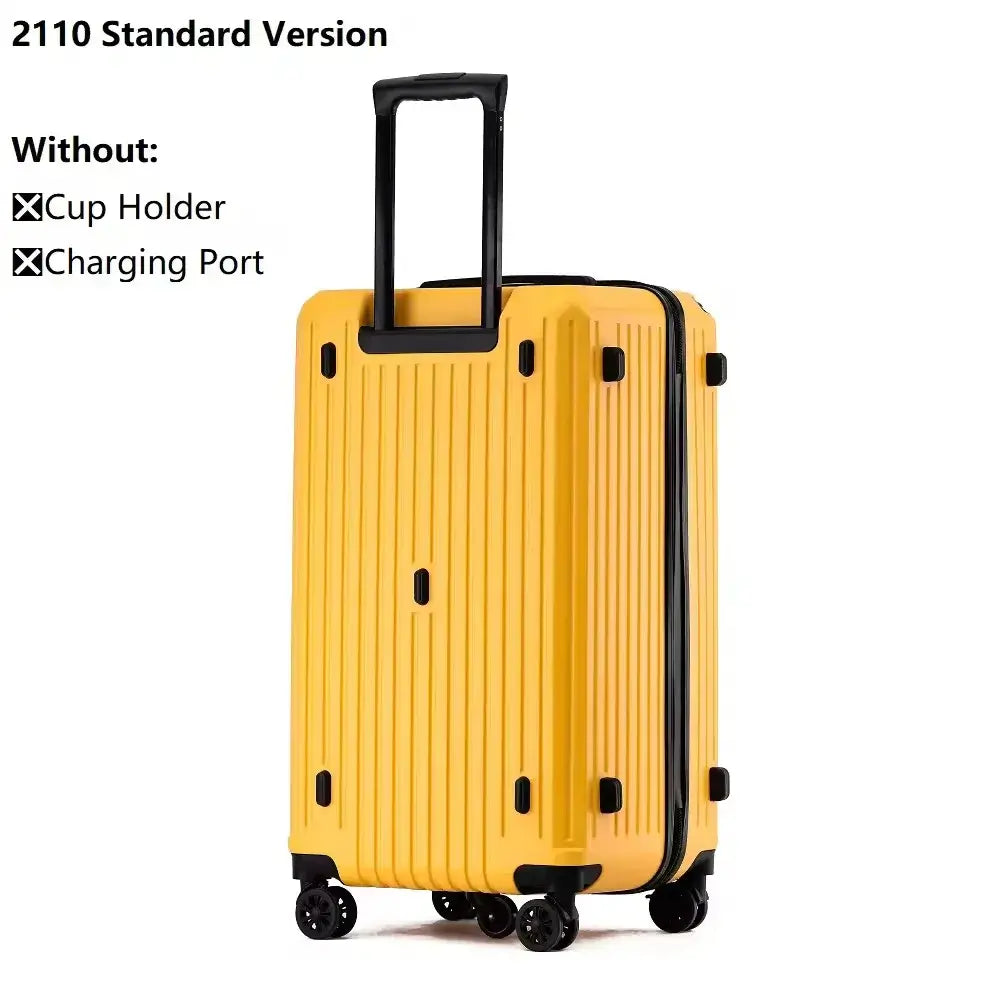 Yellow PC hard-shell luggage suitcase with 360° spinner wheels and telescopic drawbar, perfect for travel.