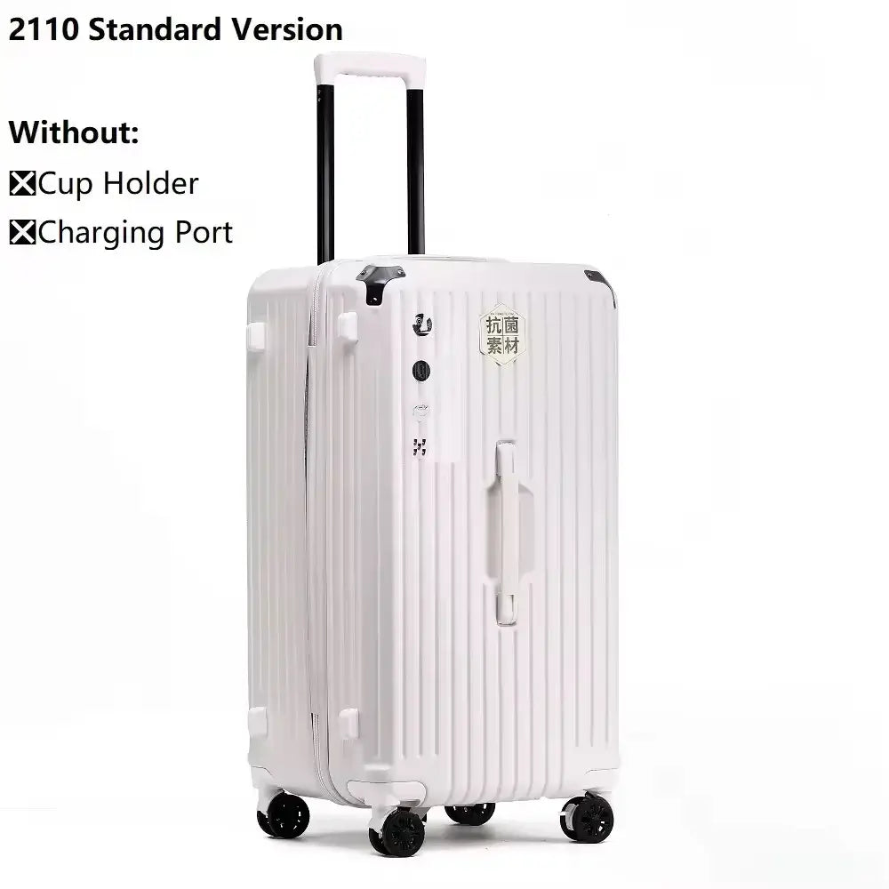 Luggage suitcase USB charging PC spinner in white, durable with smooth wheels and secure lock system.