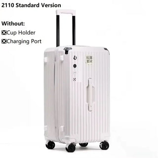 Luggage suitcase USB charging PC spinner in white, durable with smooth wheels and secure lock system.