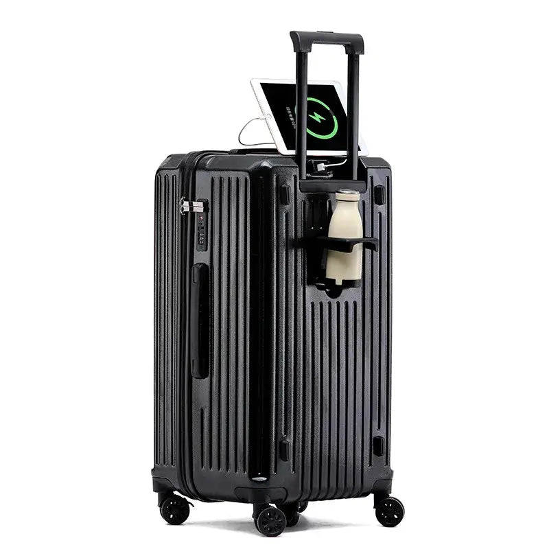 Black PC hard-shell luggage suitcase with USB charging and spinner wheels for effortless travel.