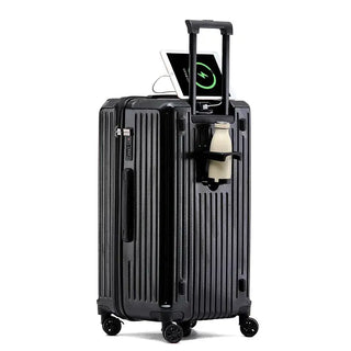 Black PC hard-shell luggage suitcase with USB charging and spinner wheels for effortless travel.