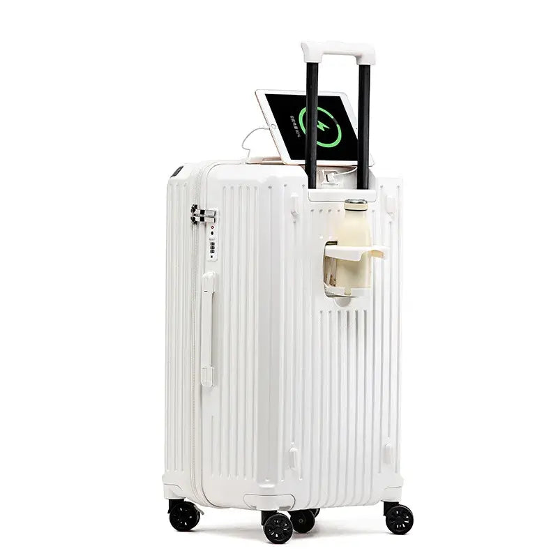 White luggage suitcase with USB charging, durable PC hard-shell, 360° spinner wheels for easy travel.