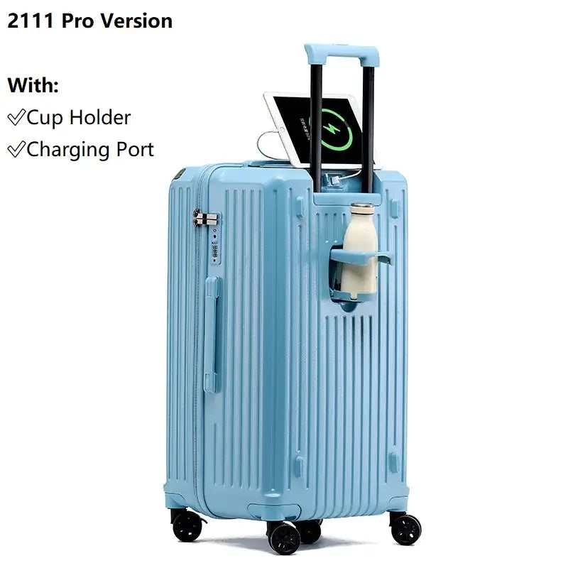 Luggage suitcase in blue with USB charging port and cup holder, featuring durable hard shell and spinner wheels.