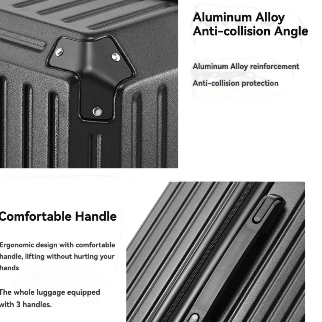Close-up of durable luggage suitcase features: aluminum alloy anti-collision angle and ergonomic comfortable handle.