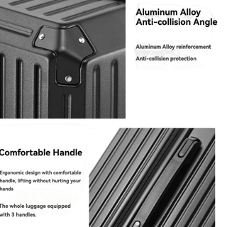 Close-up of durable luggage suitcase features: aluminum alloy anti-collision angle and ergonomic comfortable handle.