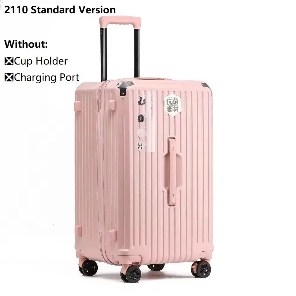 Luggage suitcase in pink, USB charging PC spinner luggage with durable hard-shell design and 360° spinner wheels.