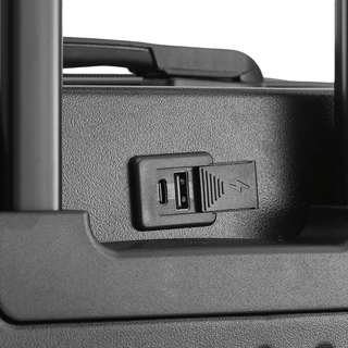USB charging port on a durable luggage suitcase for convenient on-the-go device charging.