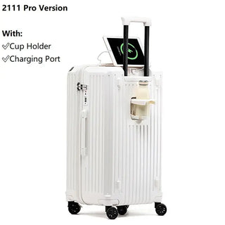 White luggage suitcase with cup holder and USB charging port, featuring durable PC material and smooth spinner wheels.