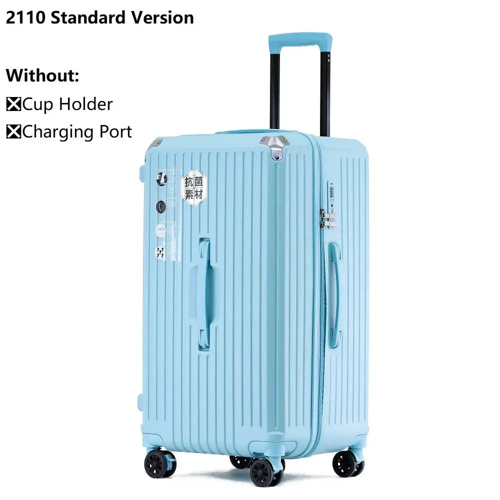 Durable blue PC rolling luggage suitcase with 360° spinner wheels and telescopic handle, travel-ready and secure.