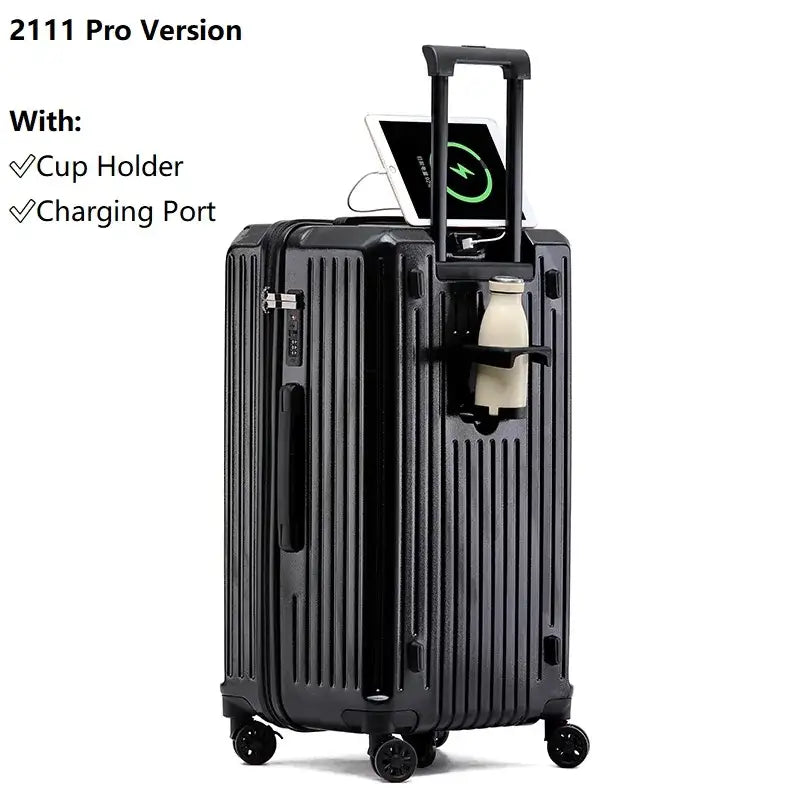 Black luggage suitcase with USB charging port and cup holder for convenient travel.