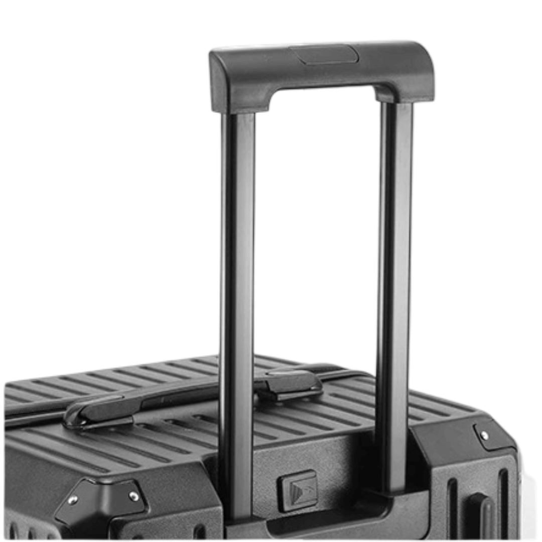 Close-up of a black luggage suitcase handle with a telescopic design for easy carrying.