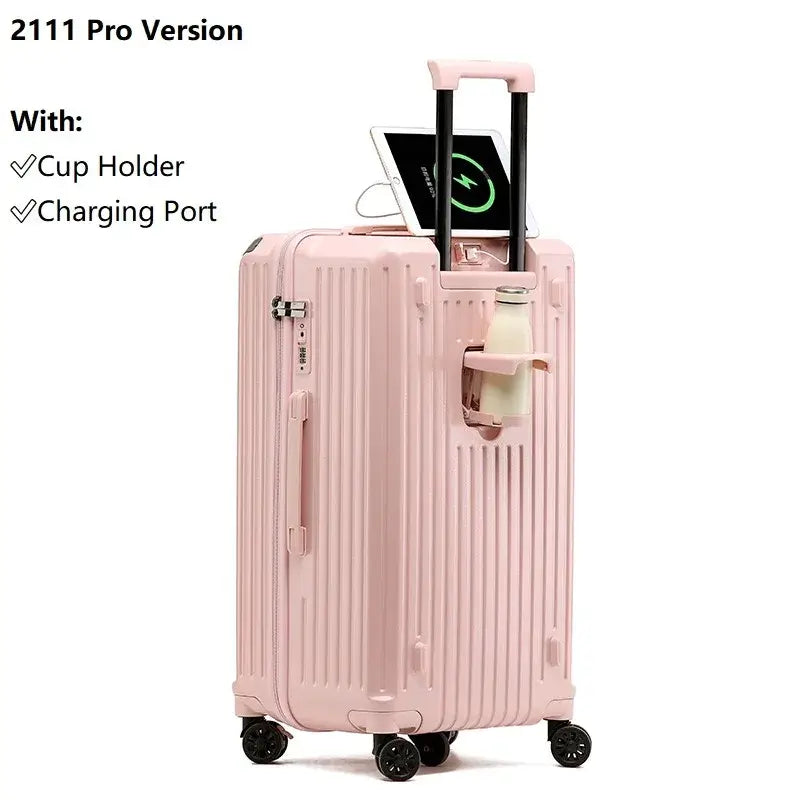 Pink luggage suitcase with USB charging, cup holder, and 360° spinner wheels for easy travel.