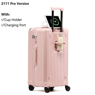 Pink luggage suitcase with USB charging, cup holder, and 360° spinner wheels for easy travel.