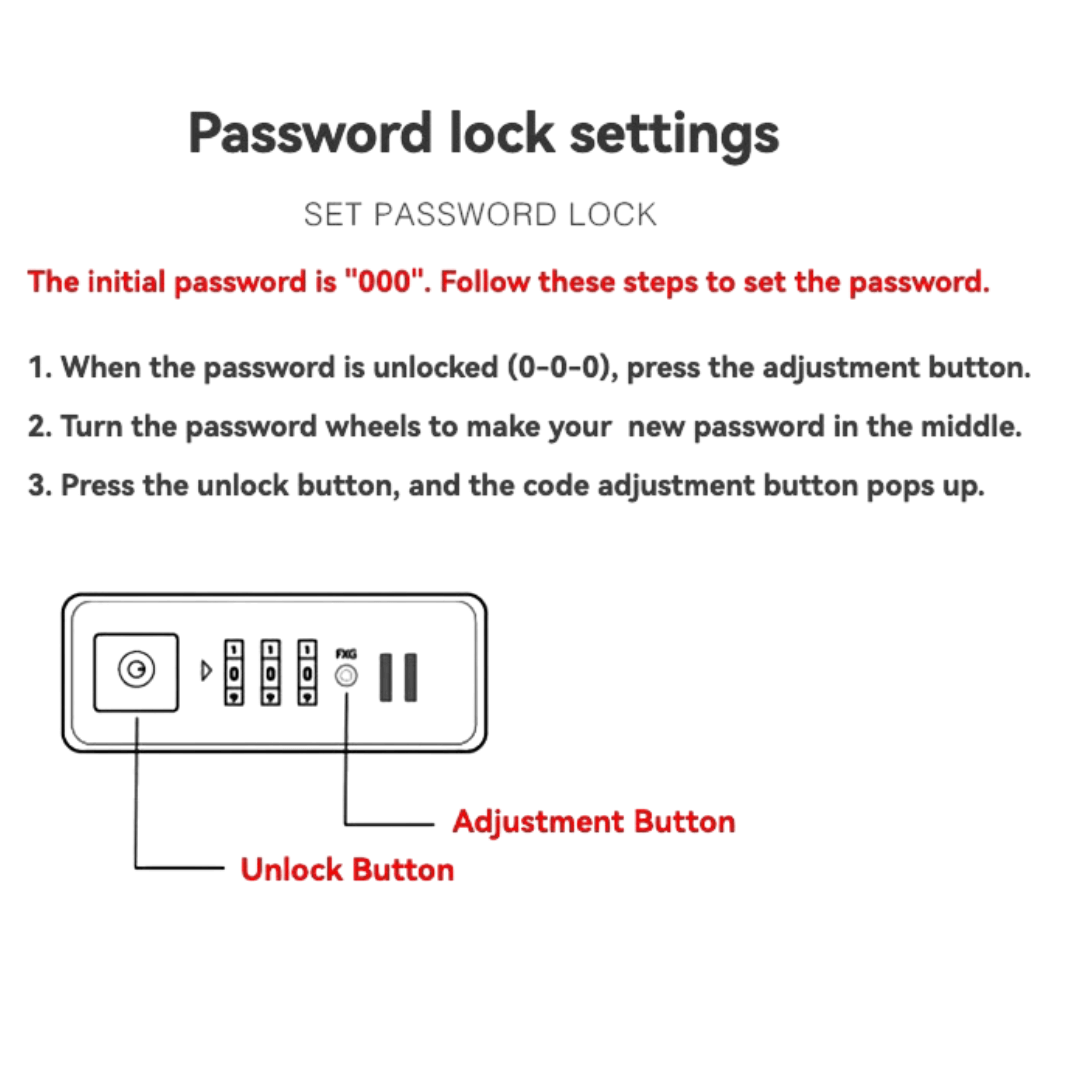Instructions for setting password lock on luggage with adjustment and unlock buttons.