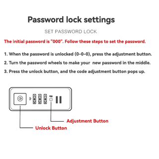 Instructions for setting password lock on luggage with adjustment and unlock buttons.