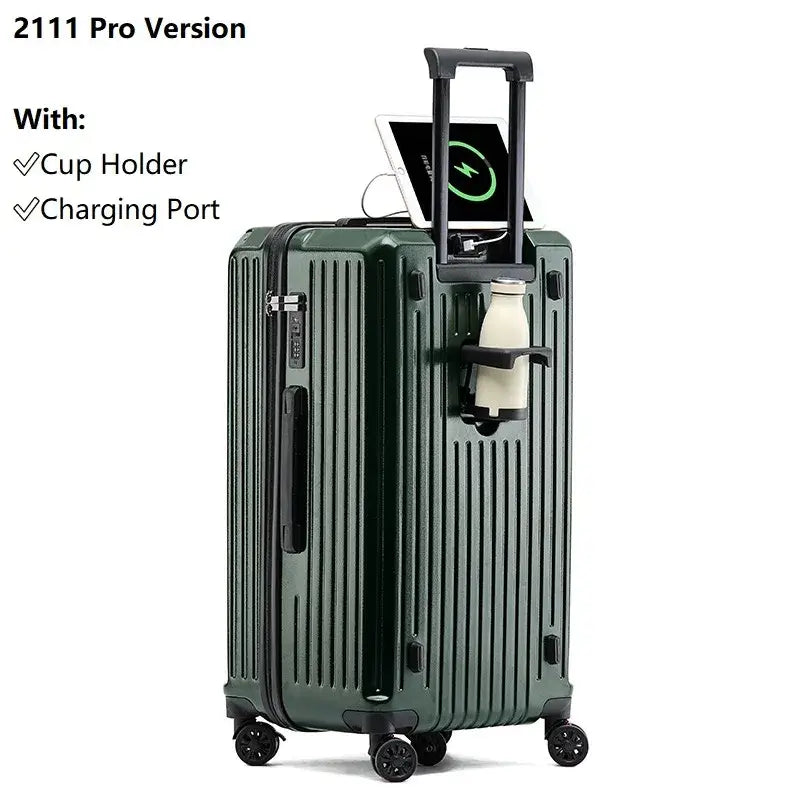 Green Luggage Suitcase with USB Charging, 2111 Pro Version, Durable PC hard-shell with cup holder and spinner wheels.