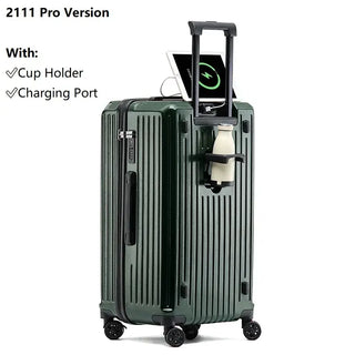 Green Luggage Suitcase with USB Charging, 2111 Pro Version, Durable PC hard-shell with cup holder and spinner wheels.