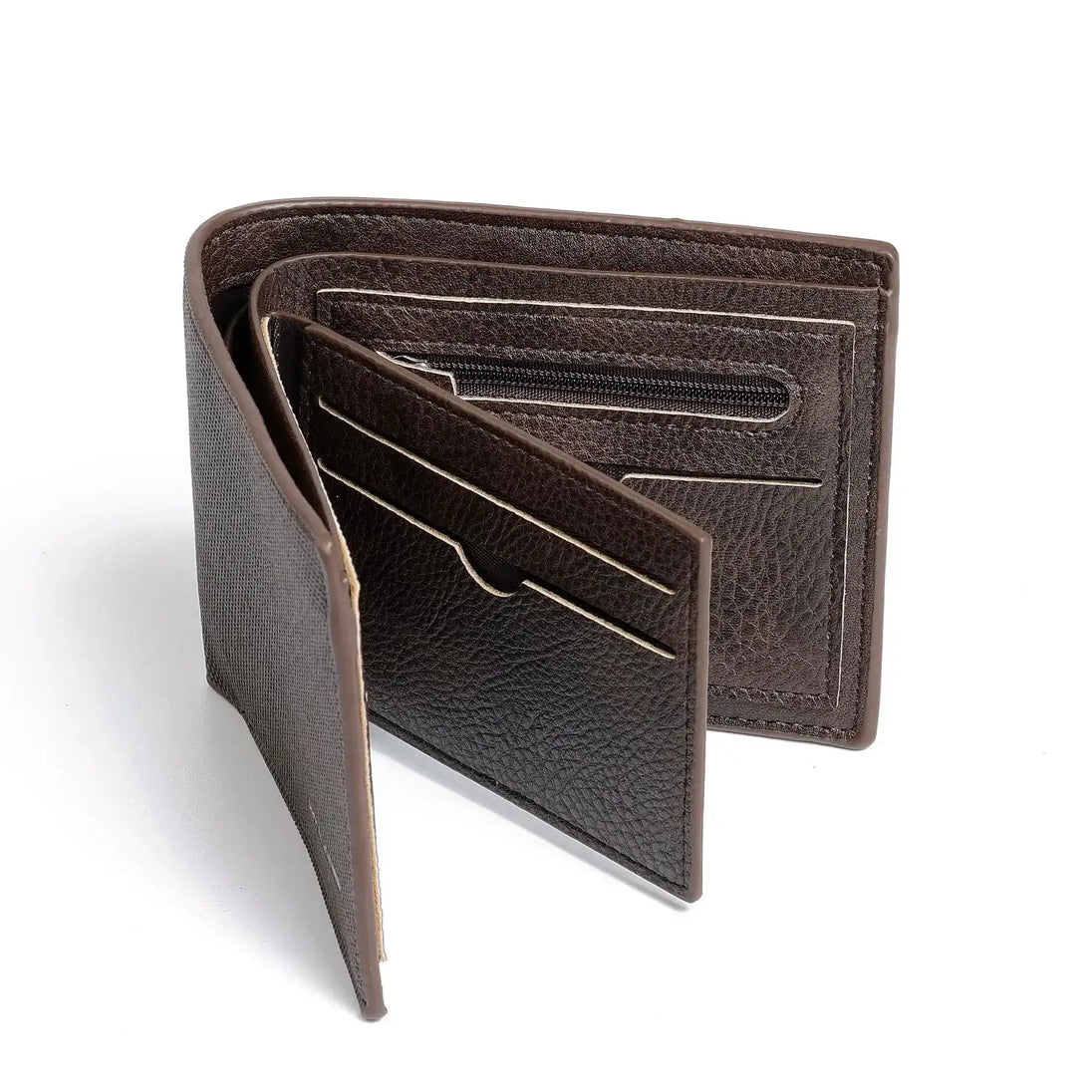 Brown PU leather wallet with card slots and zippered pocket, unisex design, compact accessory for everyday use.