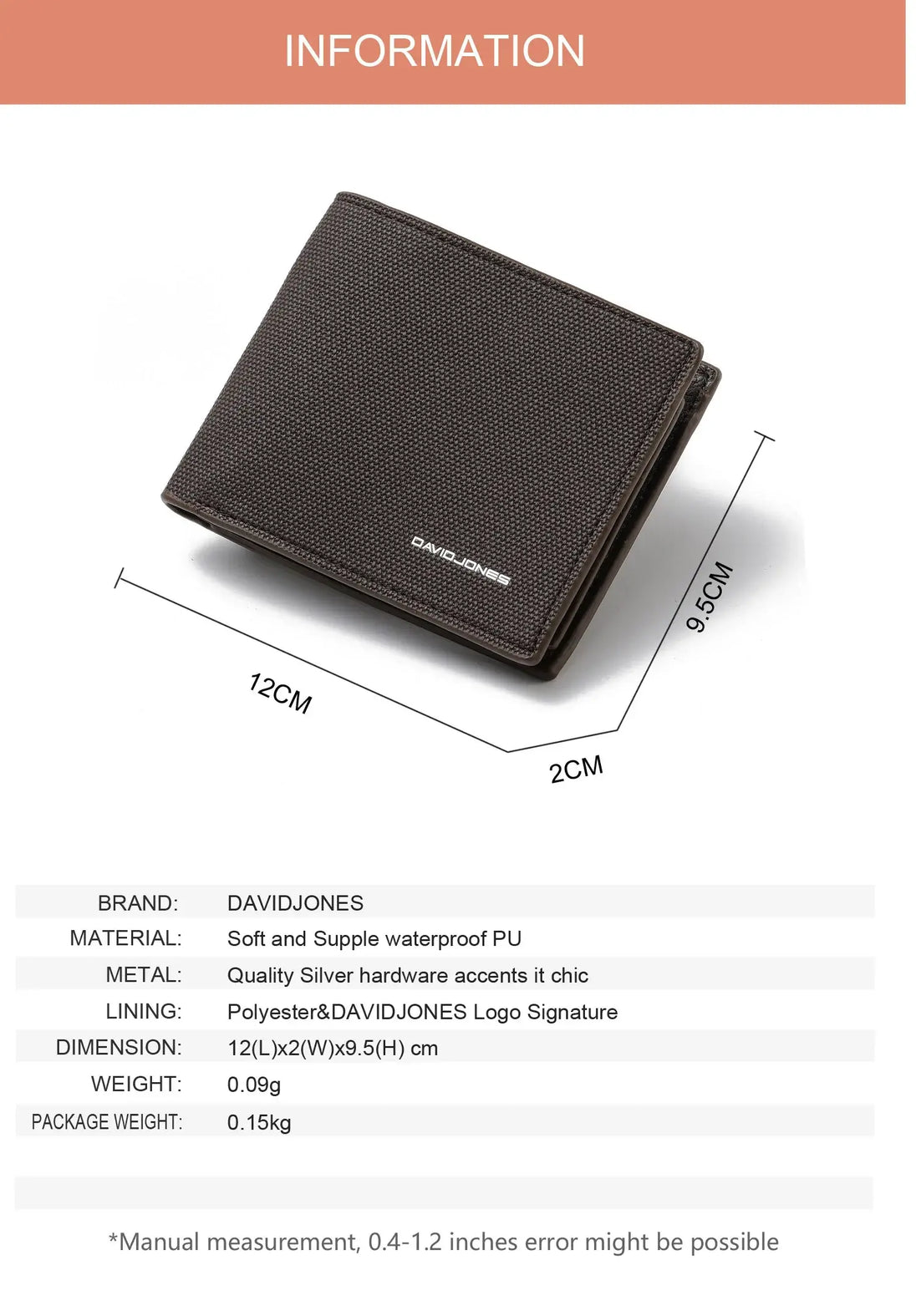 Luxury unisex brown PU leather wallet with zipper and interior compartments, 9.5x12cm, waterproof design.