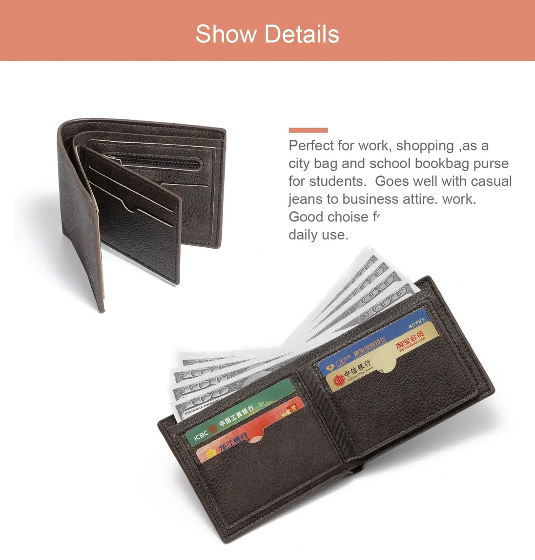 Brown PU leather wallet showing card slots and interior design, ideal for work and casual outings.