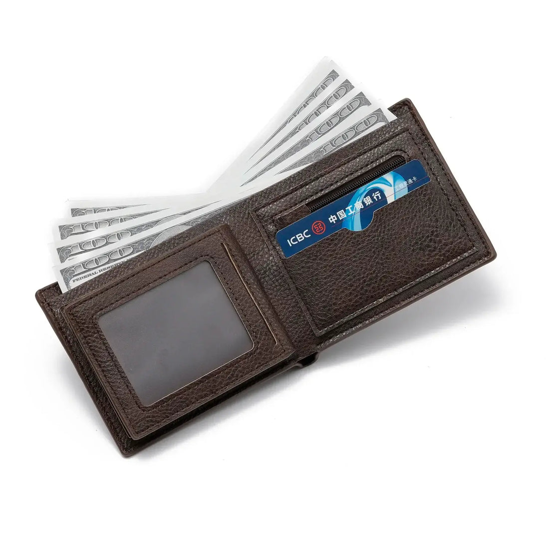 Luxury brown PU leather wallet with coins, cards, and cash holder. Stylish unisex design with zipper closure.
